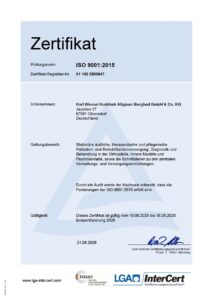 ISO 9001:2015 Zertifikat von der Kurklinik Allgäuer Bergbad